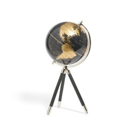 Decorative World Globe on Tripod Stand – 17" Black and Gold Globe with Aluminum & Wood Base – Compact Desktop, Table & Shelf Accent for Home, Office, or Study