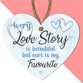 Romantic “Every Love Story is Beautiful but Ours is My Favourite” Pink Heart MDF Plaque – Sweet Gift For Wedding, Anniversary, or Valentine’s Day – Heart-Shaped Wooden Love Decor for Couples (Blue)