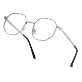 JOVAKIT Polygon Blue Light Blocking Glasses for Women Men Vintage Octagon Square Non-prescription Metal Eyeglasses (Silver)