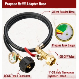 CALPOSE 3 Feet Propane Refill Adapter Hose with Gauge and ON/Off Control Valve, Extension Propane Refill Hose, Fill 1 Pound Bottles from 20lb Tank