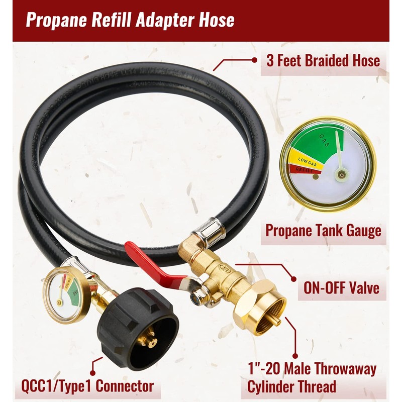 CALPOSE 3 Feet Propane Refill Adapter Hose with Gauge and