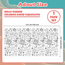 Giant Hello Summer Party Coloring Tablecloth for Kids - Huge Summer Theme Table Cover Large Watermelon Ice Cream Painting Poster for Children Birthday Party Supplies 54x108 Inch