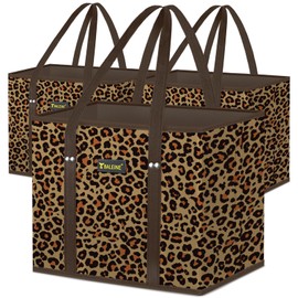 BALEINE 3Pk Reusable Grocery Bags, Foldable Shopping Bags for Groceries with Reinforced Bottom & Handles (Leopard)
