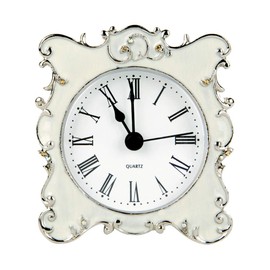 NIKKY HOME Pewter Pretty Small and Cute Vintage Table Clock with Quartz Analog Crystal Rhinestone 3 Inch for Living Room Bathroom Decoration, White Enamel