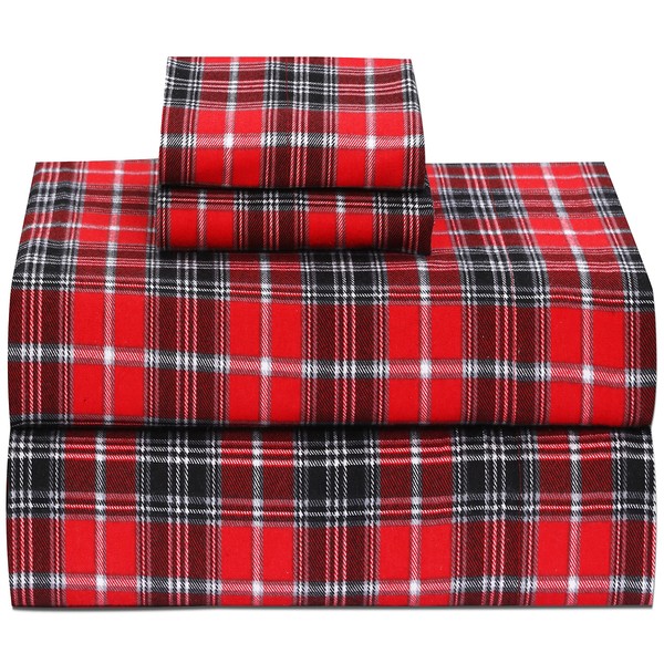 RUVANTI 100% Cotton 4 Pcs Flannel Sheets Queen Size, Deep Pocket, Warm, Super Soft, Breathable, Moisture Wicking Queen Sheets, Bed Sheets Include Flat, Fitted Sheet, 2 Pillowcase - Red Plaid