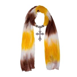 Jeweled Christian Cross Pendant Mustard Colored Scarf - Easter