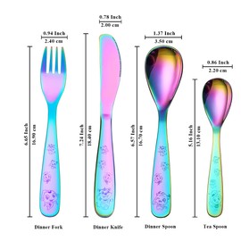 Berglander Rainbow Children's Cutlery 4-Piece Colourful Titanium Coating Children's Tableware Set, Child Safe Fork and Spoon Flat Tableware, Highly Polished Smooth Round Edge, Dishwasher Safe