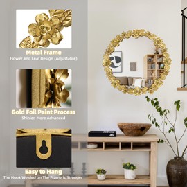 JUMBO DECOR 24 Inch Large Round Wall Mirror, Gold Foil Wall Mirror with Flowers and Leaf Metal Frame, Wall-Mounted Mirrors for Entrance, Living Room, Bathroom, Bedroom, Vanity