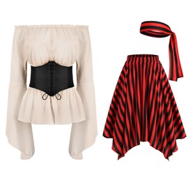 IWEMEK Women's Pirate Dress with Corset Long Pirate Costume Headscarf Striped Skirt Medieval Pirate Costume Short Gothic Dress Renaissance Pirate Off Shoulder A-line Dress for Carnival, apricot