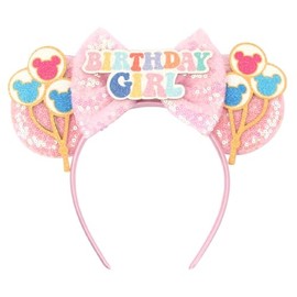 WelyHM Glitter Sequin Birthday Girl Mouse Ears Bow Headband Hair Bands for Birthday Party