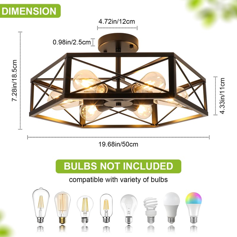 WILON Semi Flush Mount Ceiling Light, Industrial 6 Light Close