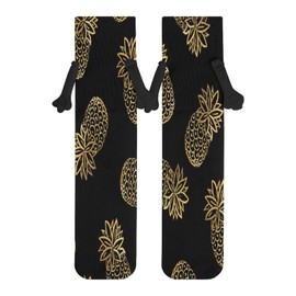 Xmkltbz 1 Pair Soft Socks Black Holding Hands, Compression Knee High Stockings Long Athletic Circulation 16x3.9 in Print Golden Pineapples Gold Pineapple On Angry Red Dragon Head On Black