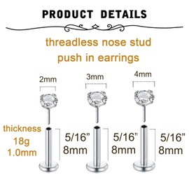 MODRSA Threadless Cartilage Earrings - Tragus & Helix Piercings - Lip & Labret Rings - Nose Stud. 18g, 8mm