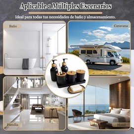Juego de Accesorios de Baño 7 Piezas, PPBambú Impermeable, Incluye 2 Dispensador de Jabón, Soporte para Cepillos de Dientes, 2 Recipientes de Hisopos