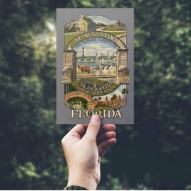 St Augustine, Florida, Celebrating 450 Years, Montage Scenes, (4x6 Birch Wood Postcards, 2-Pack Stationary, Rustic Home Wall Decor)