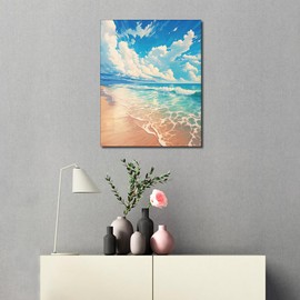 Blue Sea Wave Paint by Numbers Beach Landscape Paint by Numbers Kit for Adults Canvas Oil Painting Art Crafts for Wall Decoration Flameless Oil Painting Kits 16x20 Inch Without Frame