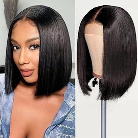 Glueless Bob Wig Human Hair Pre Plucked Pre Cut 4x4 HD Straight Lace Front Wigs Human Hair for Black Women No Glue Upgraded Wear and Go Glueless Wig180% Density - Size: 10inch