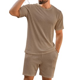 Babioboa Men's Short Sets 2 Piece Outfits Crewneck Summer T Shirt and Matching Knitted Shorts Tracksuit Sets with Pockets(Khaki,X-Large)