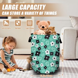 Retro Groovy Flower Laundry Basket, Love Heart Laundry Hamper Tote Bag Dirty Clothes Storage Bucket Toy Organizer for Bathroom/Laundry/Bedroom 15.7"x19.6"