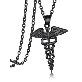 Bandmax Stainless Steel Caduceus Symbol Pendant for Nurse and Doctor Healing Potection Necklace Black Medical Alert Necklace Medical Symbol Jewelry