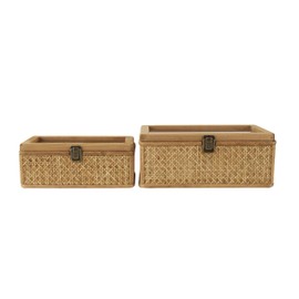 Deco 79 Rattan Handmade Decorative Box Woven Rattan Decorative Keepsake Boxes with Glass Tops and Bronze Latches, Set of 2 Storage Boxes 12", 10"W, Brown