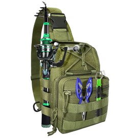 Fishing Backpack Fishing Tackle Storage Bag Fishing Gear with Rod Holder Sling Backpack Fishing Storage Backpack Fishing Gift for Outdoor Hiking,Travel,Hunting (B-Army Green)