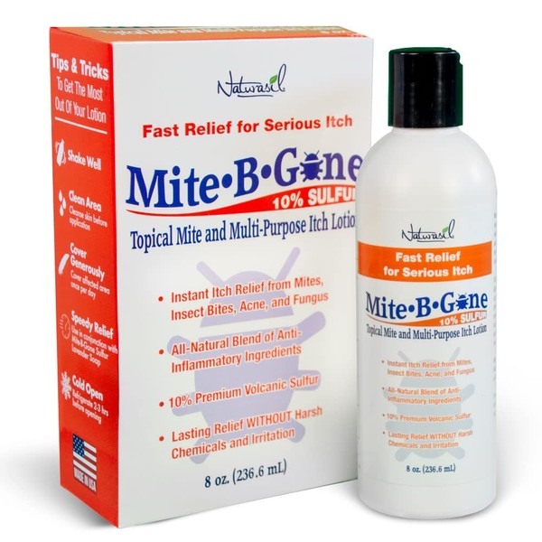 Mite-B-Gone 10% Sulfur Lotion Itch Relief for Insect Bites, Acne, Itching, Discomfort & Redness | Fast & Effective Relief for Itch with an All-Natural Blend of Anti-Inflammatory Ingredients | 8 oz