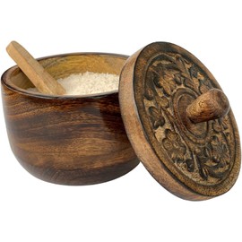 KPAVIR Rustic Salt Box with Hand Carved Lid & Spoon, Wooden Salt Pinch Bowls,Spice Bowls for Cooking, Coffee Storage Holder for Kitchen