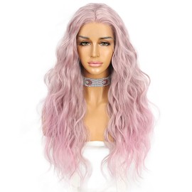 Sapphirewigs Synthetic Lace Front Wig Body Wave Heat Fiber Hair 24 Inch Purple Color with Pink Tips Long Wavy Wigs for Women Half Hand Tied Wig Cosplay Daily Use Hair