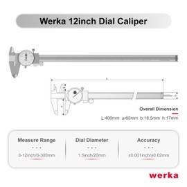 werka Dial Caliper 12 Inch, Shockproof Dial Caliper Measuring Tool with 0.001" Precision Micrometer Caliper with Custom Case, 4-Way Measurement, Stainless Steel
