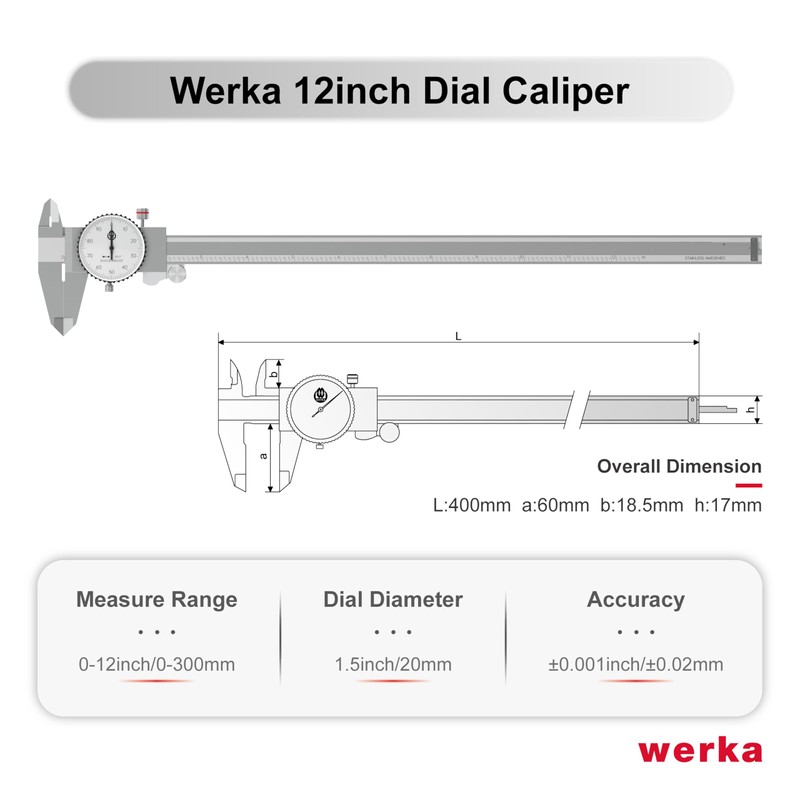 werka Dial Caliper 12 Inch, Shockproof Dial Caliper Measuring Tool