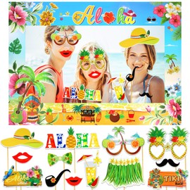 PHOGARY 13PCS Luau Photo Booth Props with 1PCS Hawaii Aloha Photo Frame Photo Props, Summer Photo Booth Props Kit for Hawaiian Tropical Luau Summer Pool Beach Birthday Party Decorations Supplies