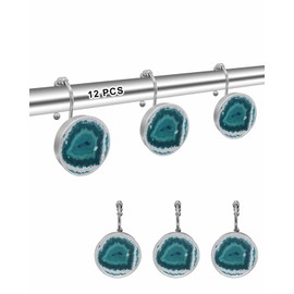 Shower Curtain Hooks 12 Pcs, Aqua Blue Turquoise Geode Agate Mineral Stone Pattern Stainless Steel Rust Proof Rolling Shower Curtain Rings, Decorative Shower Curtain Hooks Hangers for Bathroom