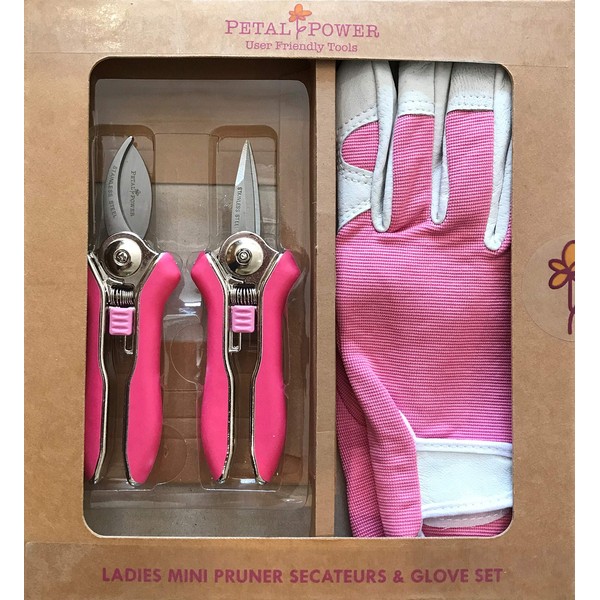Petal Power Ladies Leather Gardening Gloves & Mini Pruner Secateurs Set (Gloves - Medium, Pink)