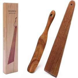 2Pcs Wood Spurtle 10"&12'' Teak Wood Spatula Set for Sourdough Starter with Hanging Hole Natural Wooden Kitchen Mixing Tools Jar Spurtle