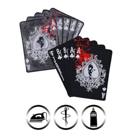 Poker Cards Full House Iron on Patches - Joker Sew on Patch for Poker Lovers, Rockers, Bikers, Heavy Metal - Popular Casino Applique for Jackets, Jeans, Backpacks, Hats, Shirts - 85x85 mm