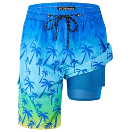 Mens Swim Trunks with Compression Liner, Gradient Palm Tree Men Bathing Suit Swimming Trunks 9 Inch inseam Board Shorts Men's Swimwear with Zipper Pockets, Quick Dry Beach Shorts Swimsuits, M