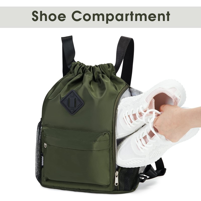 WANDF Drawstring Backpack Sports Bag with Shoe Compartment Water Resistant