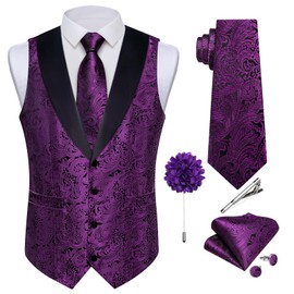 DiBanGu Mens Silk Vest and Tie Set 7PCS Paisley Suit Waistcoat and Necktie with Lapel Pin for Wedding Shawl Collar Dress Vest, Black and Purple, X-Large