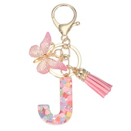PATIKIL Alphabet Initial Letter Keychain, Resin Cute Keychains with Tassel Butterfly Letter J Pendant Charm for Women Key Purse Handbag Bag Accessories, Pink