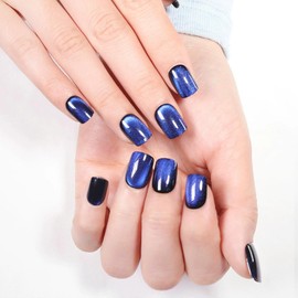 Cat Eye Press on Nails Short Fake Nails Blue Nails Press ons Glitter Acrylic Nails Glossy Glue on Nails Full Cover False Nails Daily Artificial Nails Reusable Stick on Nails for Women 24 Pcs