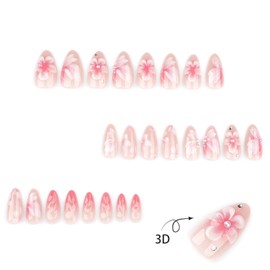 24Pcs Pink Press on Nails Medium Almond Fake Nails with 3D Flower Petal Design Nail Tips Stick on Nails False Nails Spring Summer Floral Acrylic Nail Glue on Nail for Women Parties Dates Wear