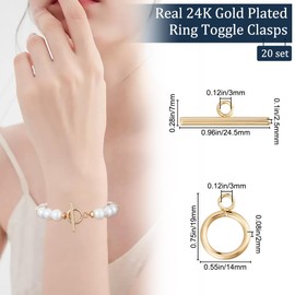 Beebeecraft 1 Box 20 Set Toggle Clasps 24K Gold Plated Brass Jewellery Clasps Connectors Round Ring Toggle T Bar Sets for Necklace Bracelet Earring Making