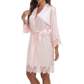 Women's Silky Bride Bridesmaid Robes Satin Kimono Bridal Party Bathrobe With Lace Trim Embroidery Wedding Day Dressing Gown, Bridesmaid,pink