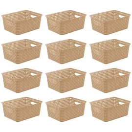 Khaki Stackable Storage Baskets, Plastic Weave Basket Organizer and Storage Set of 12, Pantry Organizing Baskets for Shelves, Kitchens, Bathrooms, Classrooms, Cabinets and Bedrooms