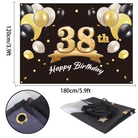 PAKBOOM Happy 38th Birthday Banner Backdrop - 38 Birthday Party Decorations Supplies for Men - Black Gold 4 x 6ft