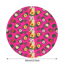 Oudain 3 Pcs Hawaiian Tablecloth 84 In Tropical Palm Leaves Flower Round Table Cloth Plastic Disposable Floral Circular Luau Tablecloth Waterproof Summer Table Cover for Beach Camping Party (Rose Red)