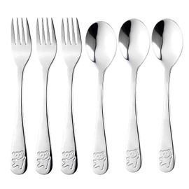 6-Piece Children's Cutlery Made of Stainless Steel, 3 Forks and 3 Spoons for Baby and Children's Time, Children's Cutlery with Engraving, Christening Gifts (Silver)