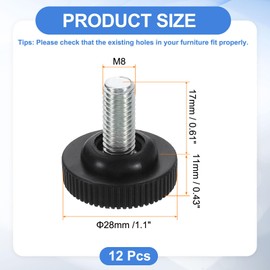 sourcing map 12Pcs M8 Thread Furniture Feet Levelers, 28x17mm Adjustable Leveling Table Feet, Screw on Furniture Glide Leveling for Chair Stool Legs, Black