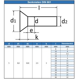 Eisenwaren2000 5 x 16 mm countersunk rivets (50 pieces) - full rivets with countersunk head ISO 1051 - DIN 661 - stainless steel A2 V2A - rust-proof
